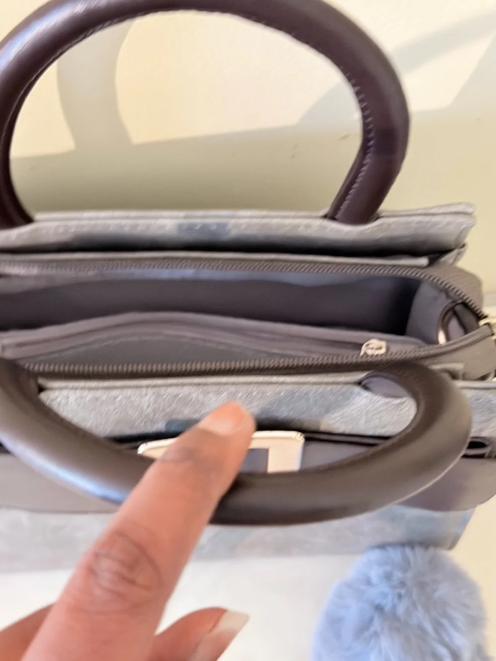 Gray Suede Top-Handle Satchel with Pom Pom Charm
